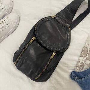 Browns Black Leather Sling Bag with Gold Zippers